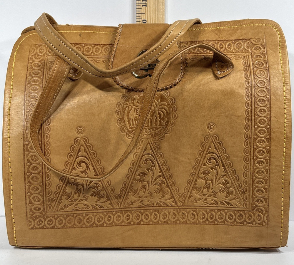 Vintage Moroccan Leather Purse Hand Tooled Embossed Magi Christmas Theme